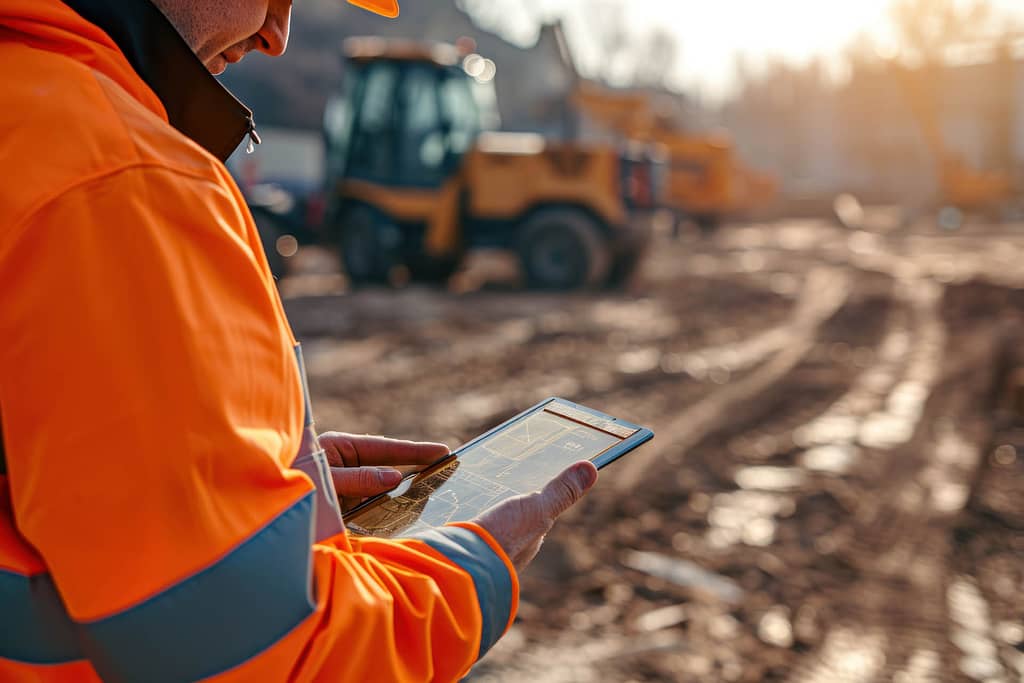 a engineer using a digital tablet on a construction site.