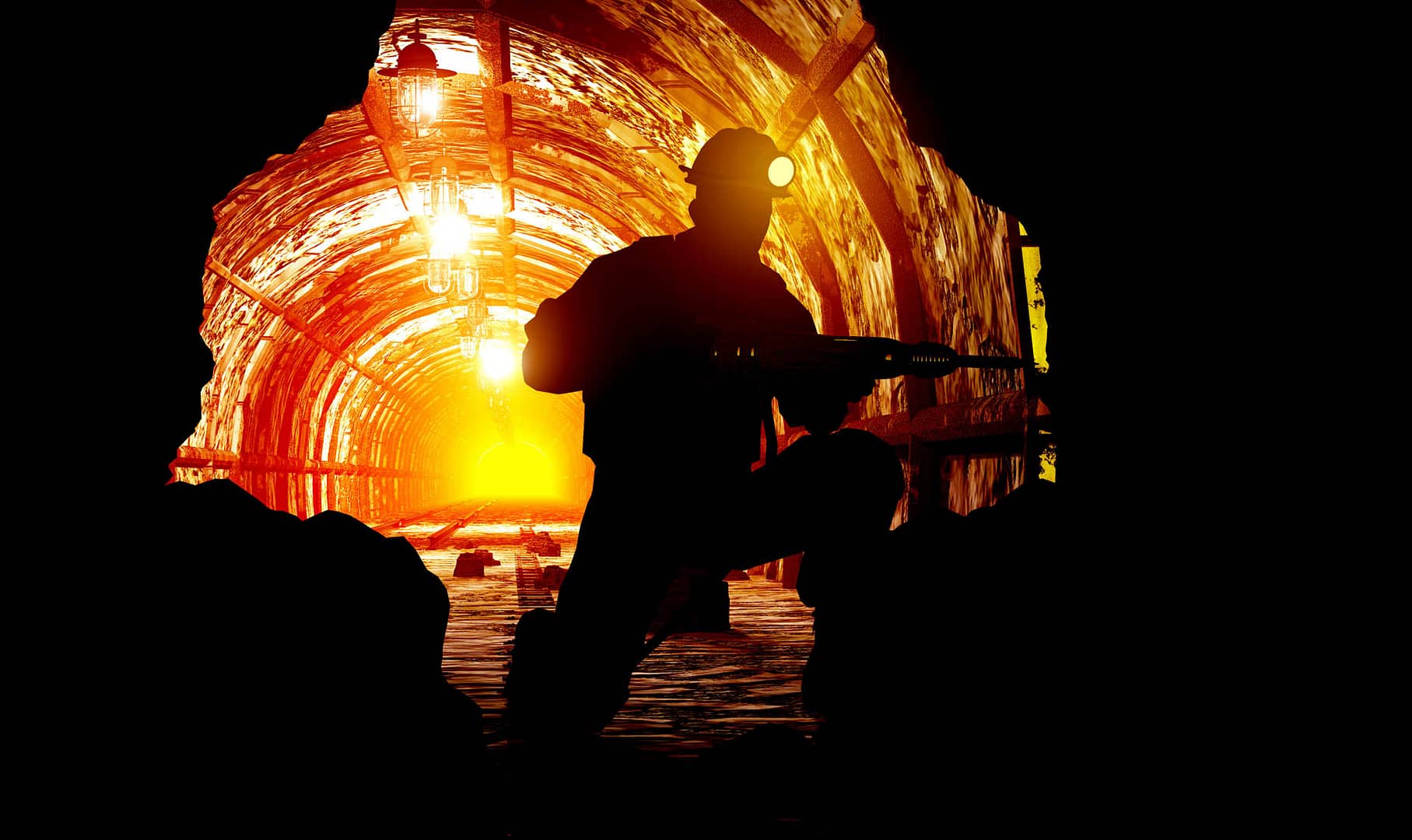 Silhouettes of worker in the mine.